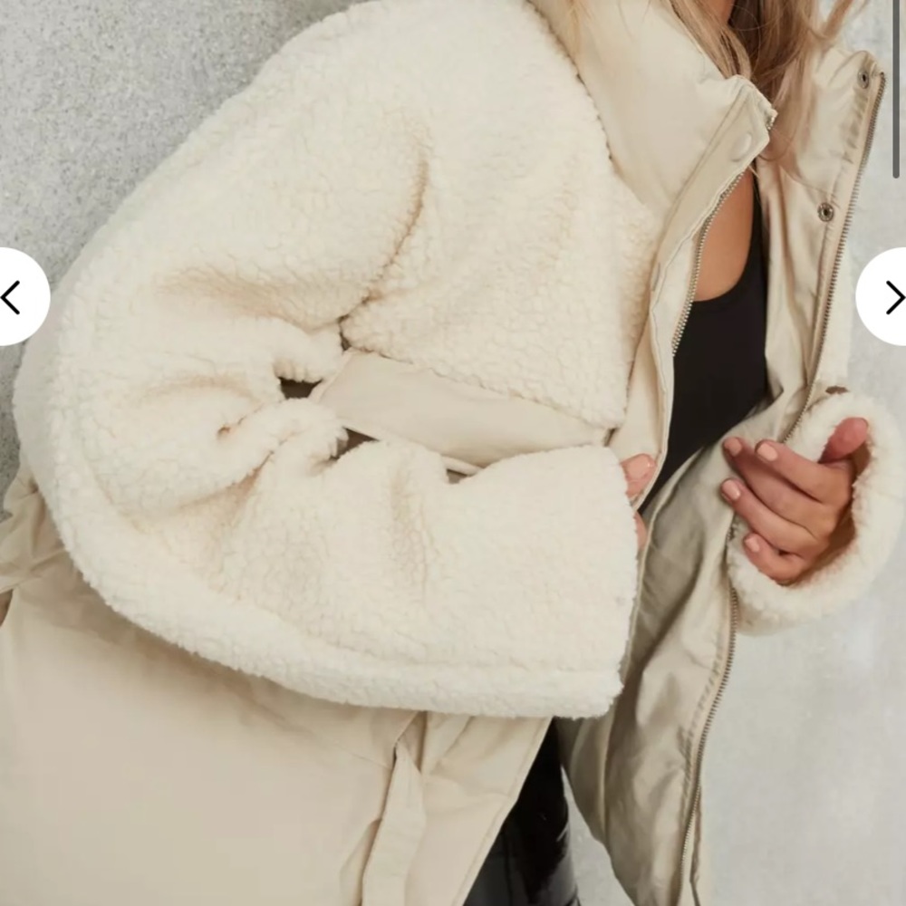 Missguided teddy borg mix cinched waist puffer .